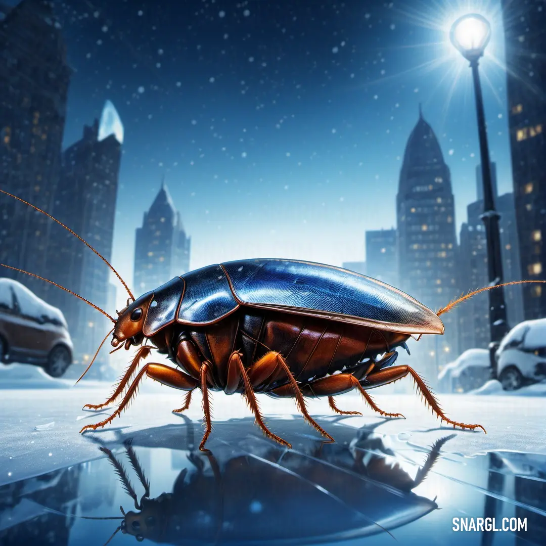 Large bug on top of a puddle of water in front of a city skyline at night with a street light