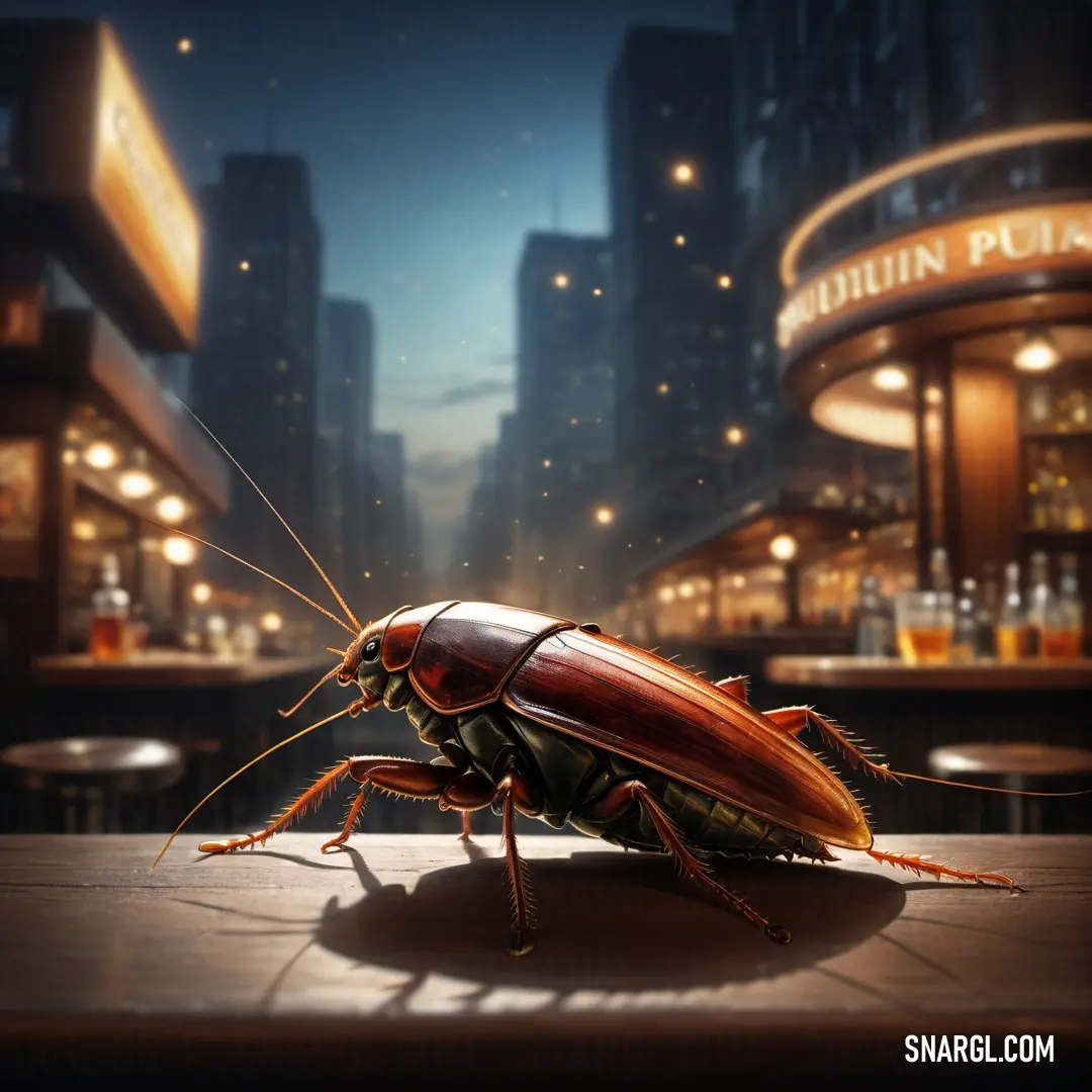 Large bug on top of a wooden table in front of a bar and a cityscape