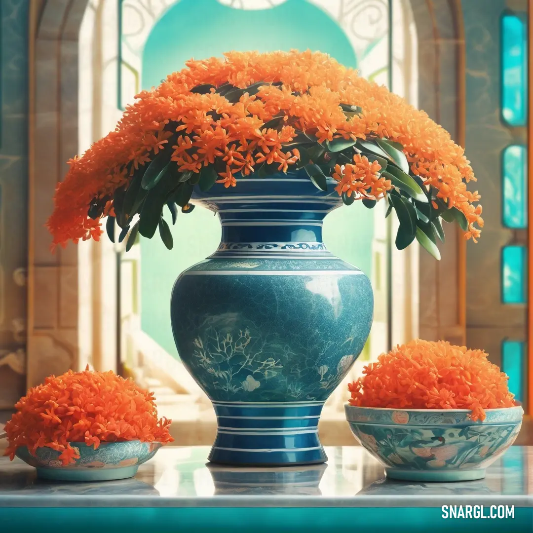 Cocoa brown color example: Blue vase with orange flowers in it on a table with a blue bowl and a window in the background