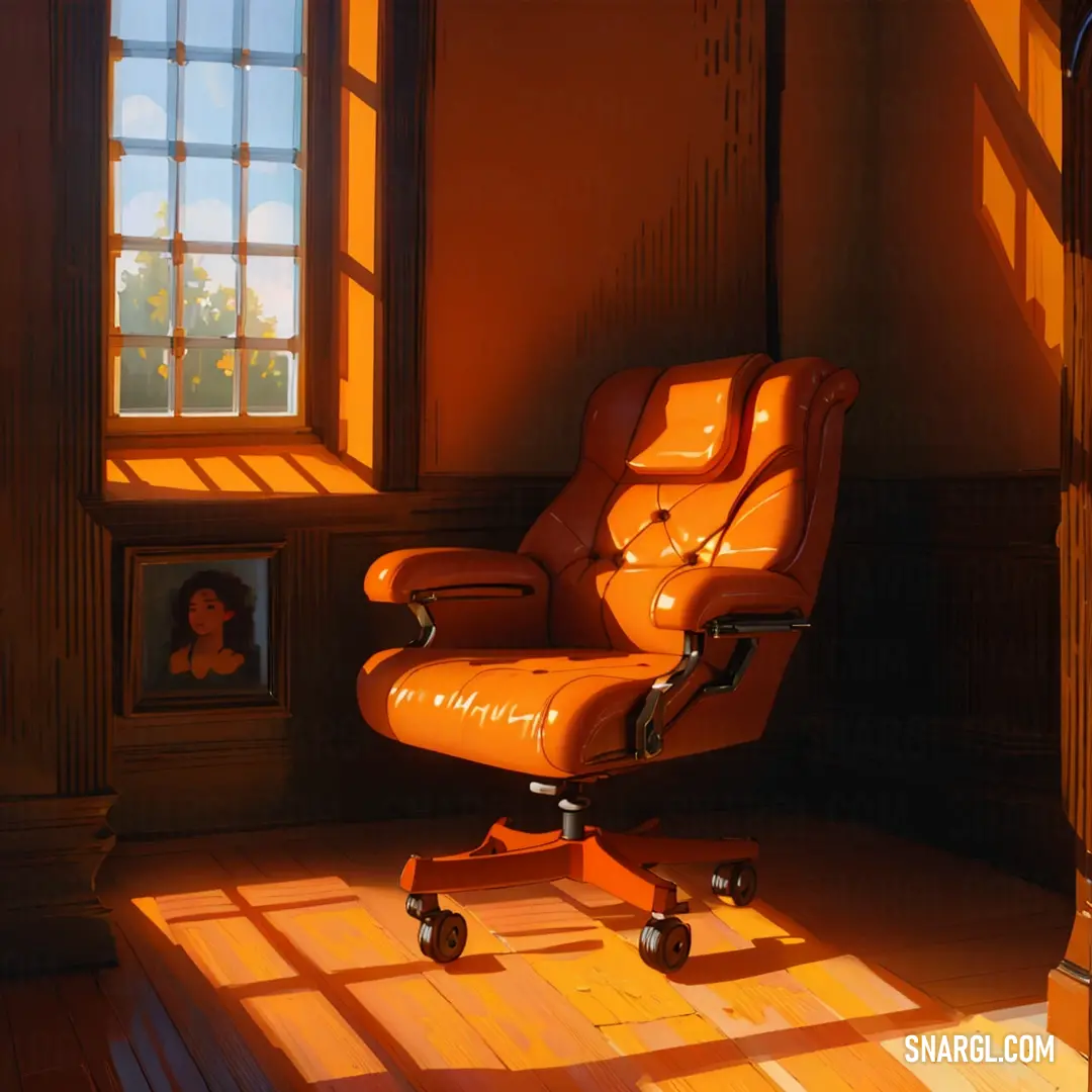 Chair in a room with a window and a picture on the wall behind it
