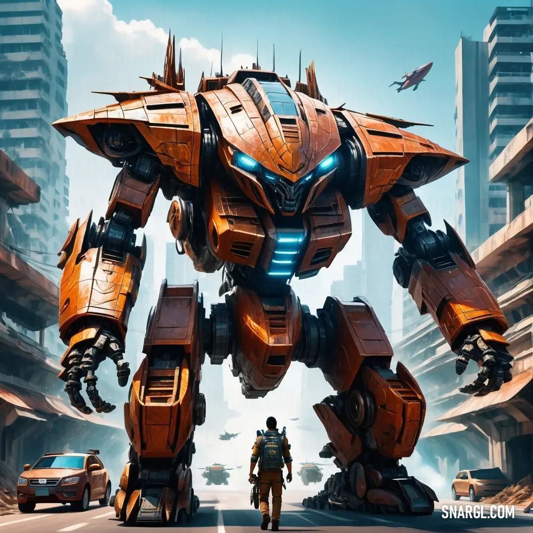 Giant robot standing in the middle of a city street with a man standing next to it in front of a car. Example of RGB 210,105,30 color.