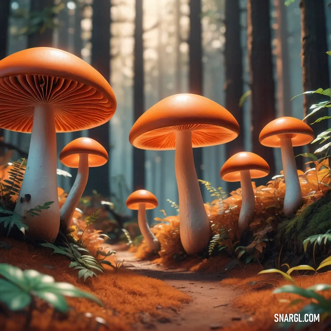 Group of mushrooms in a forest with a path leading to them and trees in the background. Example of Cocoa brown color.
