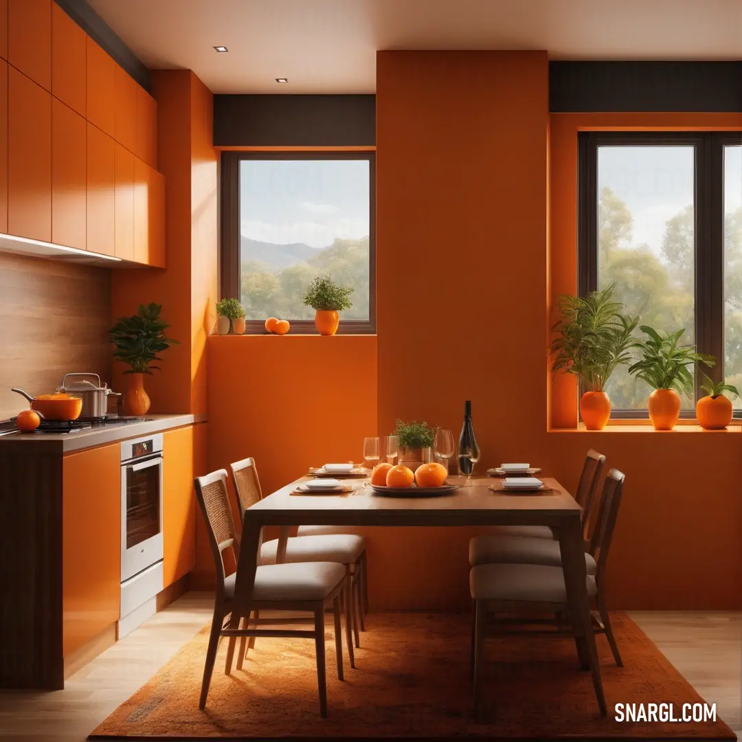 Kitchen with orange walls and a table with chairs and a bottle of wine on it and a window. Example of RGB 210,105,30 color.
