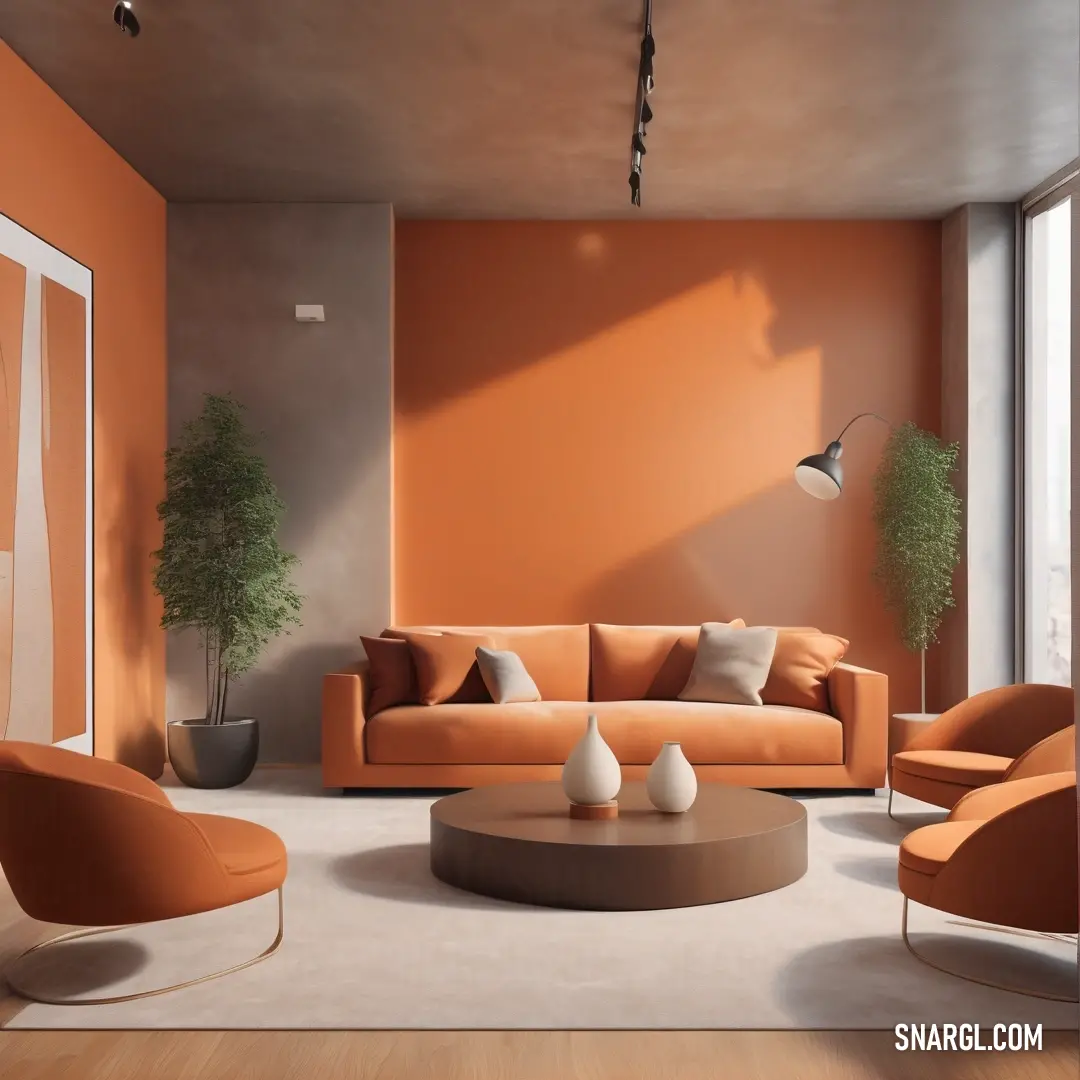 Living room with orange walls and furniture and a potted plant in the corner of the room with a large window. Color #D2691E.
