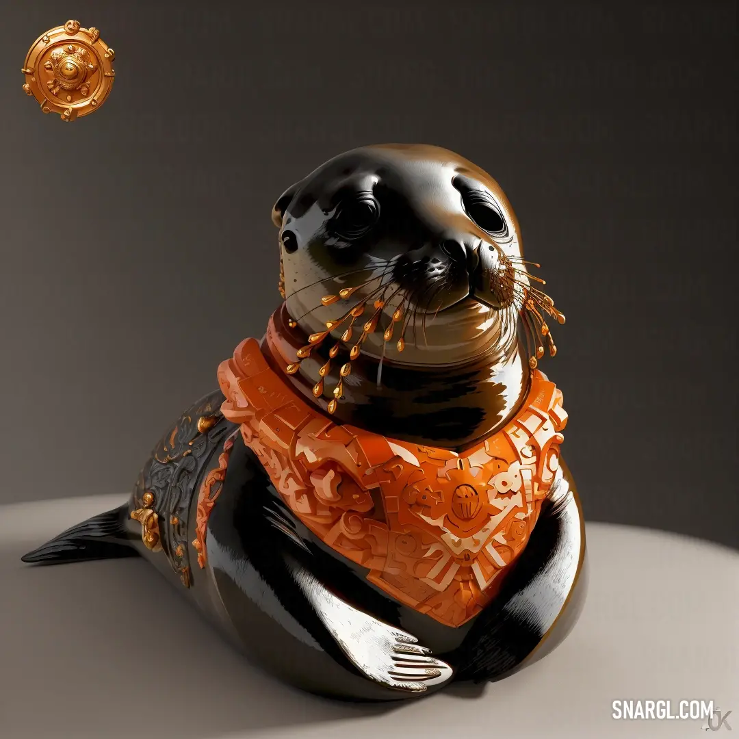 Seal with a scarf around its neck and a gold object in the air above it. Example of Cocoa brown color.