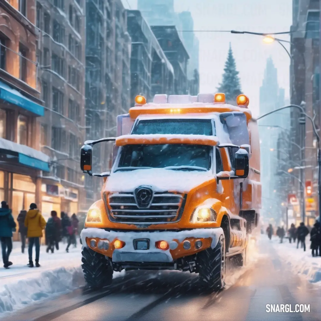 Truck driving down a snowy street in the city at night time with people walking around it and buildings in the background