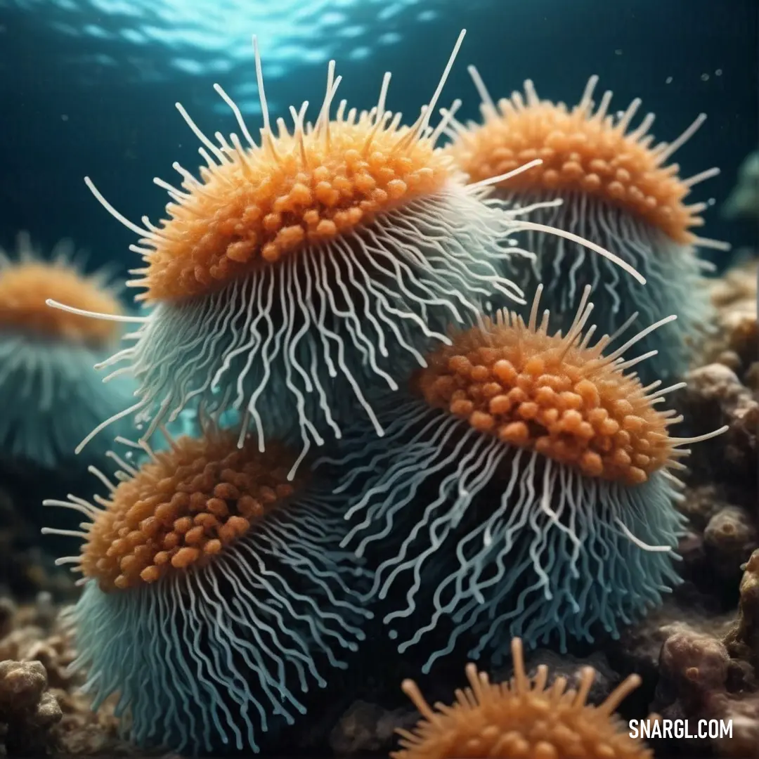 Group of sea urchins swimming in the ocean water photo by steve jones / science photo library. Color RGB 210,105,30.