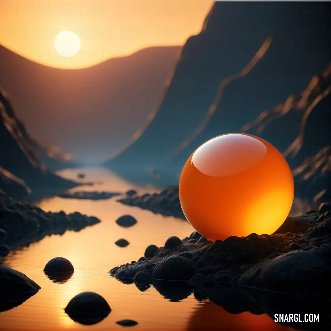 Sphere is on a rock near a river at sunset or sunrise or sunset, with a mountain in the background. Color Cocoa brown.
