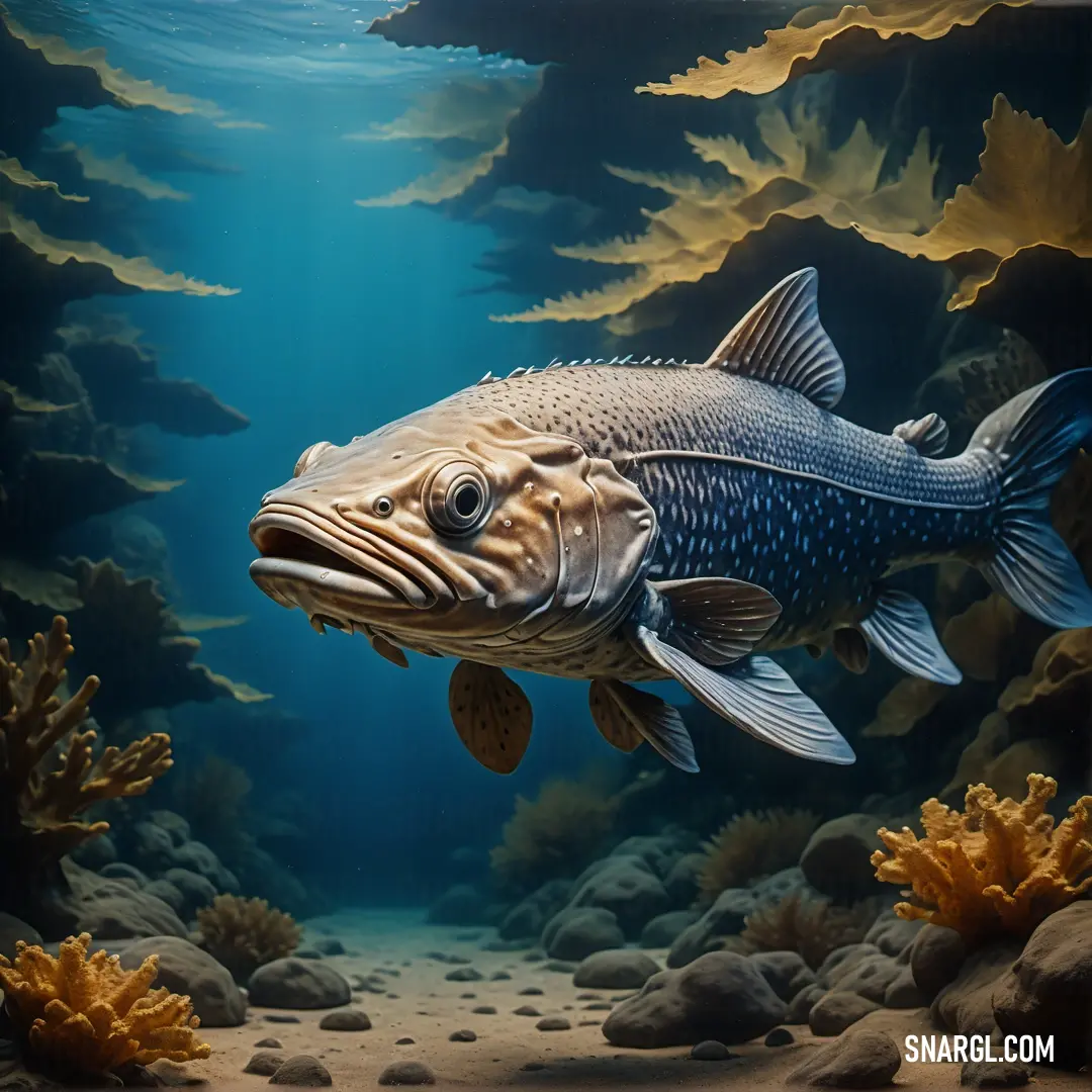 Fish swimming in a large aquarium filled with water and rocks and corals