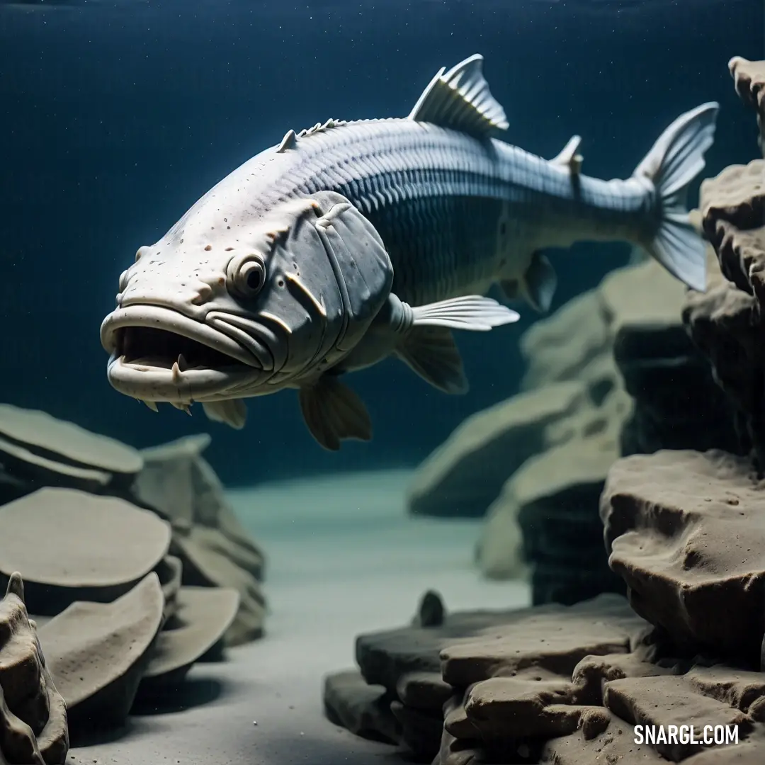 Fish swimming in a large aquarium filled with rocks and gravels, with a dark blue background