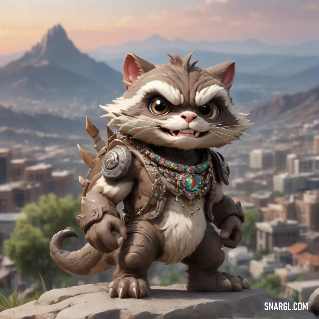 Cat with a necklace and a leather outfit on a rock in front of a cityscape with mountains