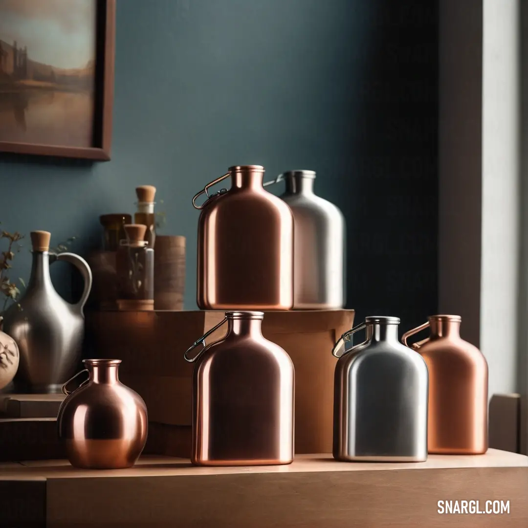 Coffee color. Group of copper and silver vases on a table next to a painting and a painting frame on the wall
