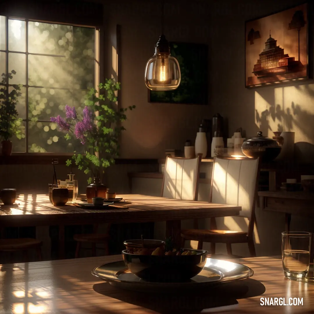 Table with a bowl of fruit on it and a vase of flowers on it with a window in the background. Example of Coffee color.