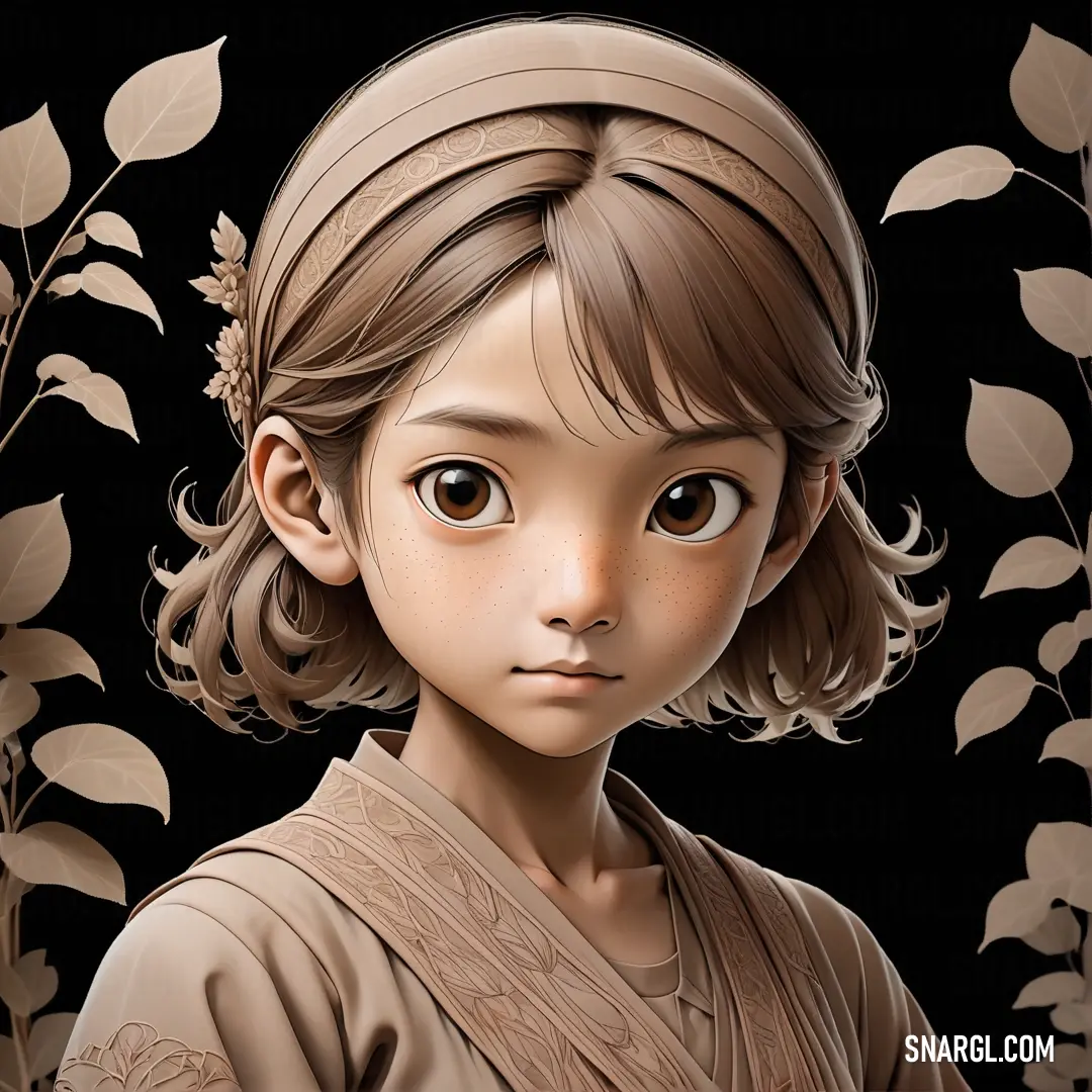 Digital painting of a young girl with a brown dress and a flower in her hair. Color RGB 111,78,55.