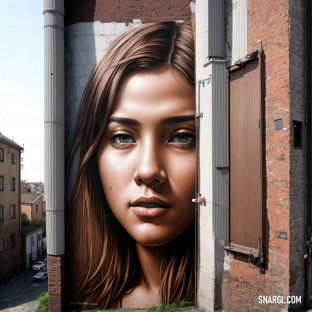 Large mural of a woman's face on a building wall in a city street with a brick building behind it