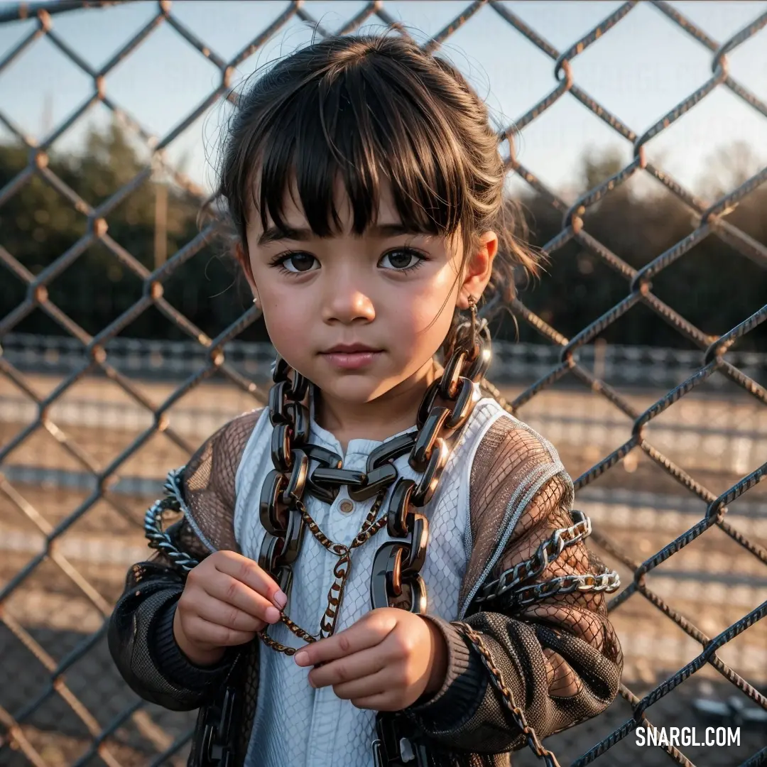 Little girl standing behind a chain link fence with a chain around her neck. Example of CMYK 0,30,50,56 color.