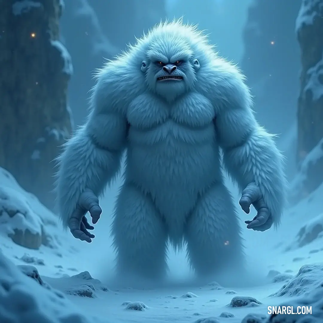 Furry forest giant basking in moonlight, a captivating sight amidst the tranquil snowy woods at night, surrounded by the mysteries of nature. A giant, furry creature of the forest, proudly standing amidst a snowy landscape, with a brilliant full moon casting a silver glow, creating a serene yet enigmatic atmosphere around it.