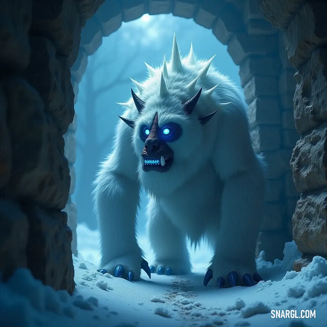 The powerful Cold Beast, with its striking blue eyes and pristine white fur, looms in a snowy cave, framed by rugged rocks that enhance the mystique of this icy hideaway. In a shadowy cave adorned with snow, the formidable Cold Beast stands bravely, showcasing its pure white fur and piercing blue eyes, while rugged rocks add an adventurous touch to this icy lair.
