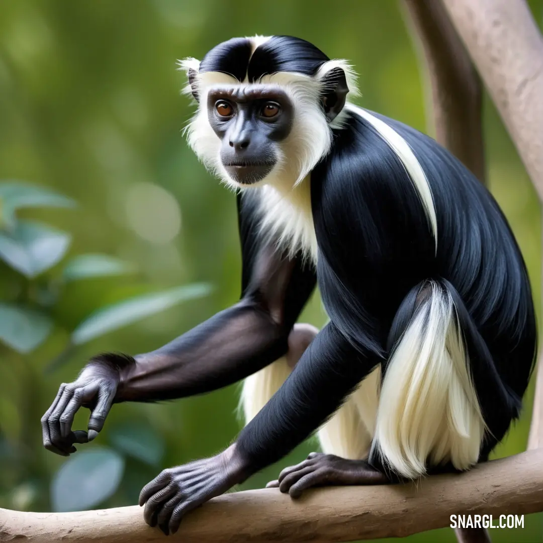 Black and white monkey on a tree branch with its hands on the branch and looking at the camera