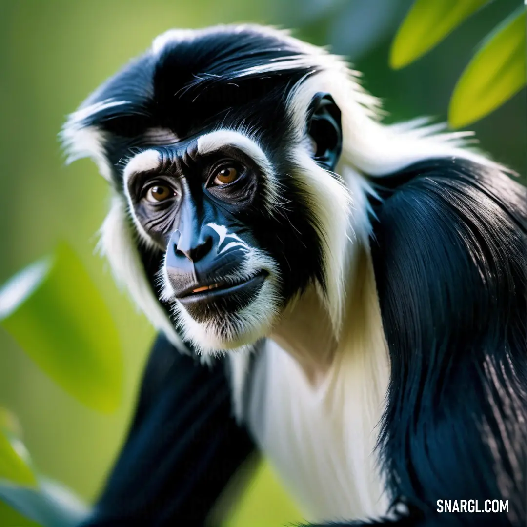 Black and white monkey with a long tail and a white face and black and white fur on its head