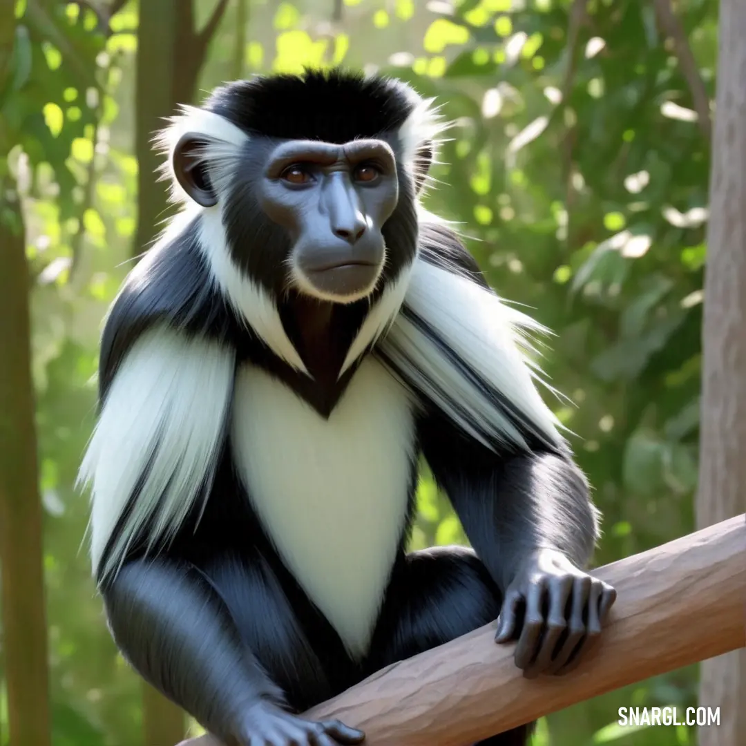 Black and white monkey on a tree branch with a white patch on its chest and black and white fur on its back