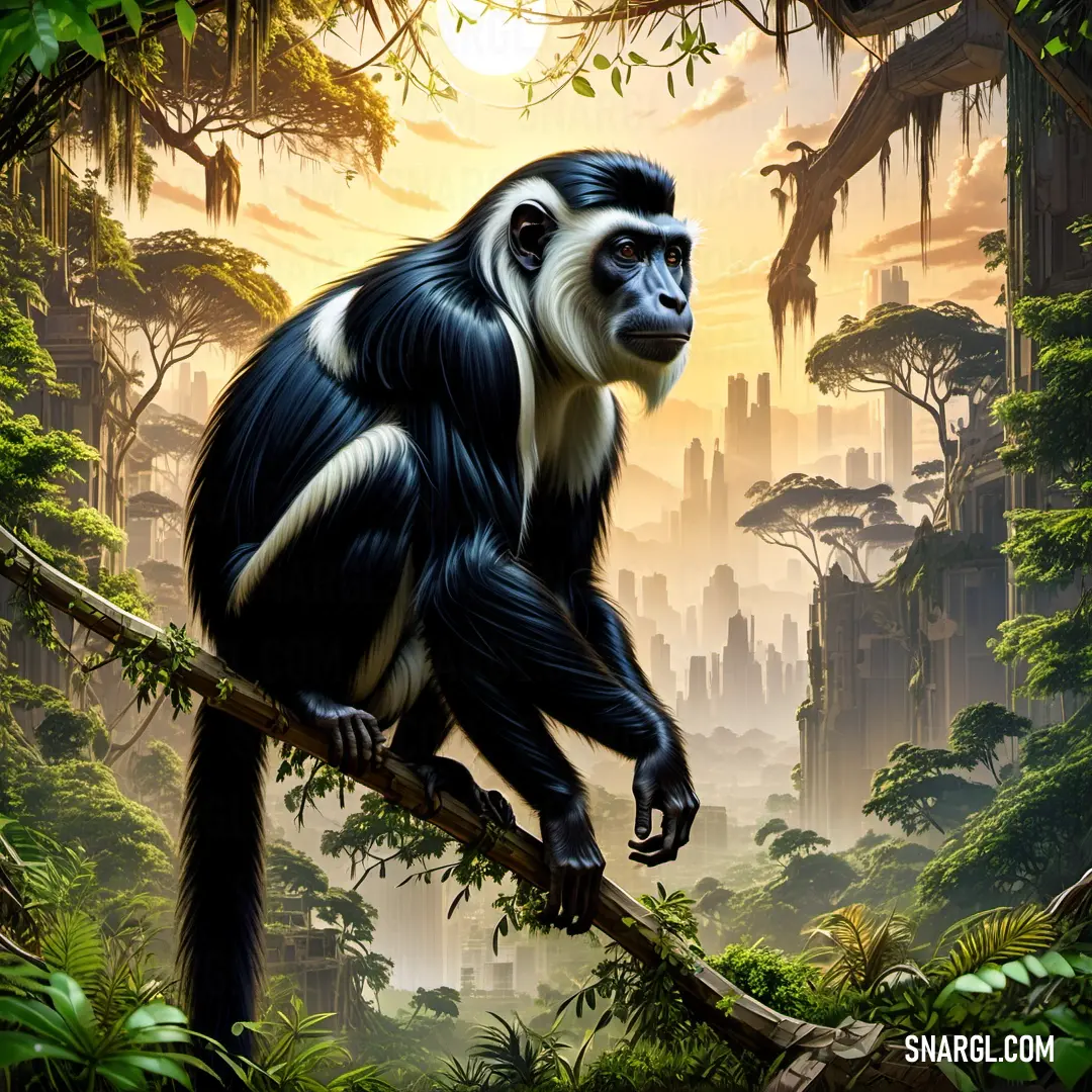 Monkey is on a tree branch in a jungle with a city in the background
