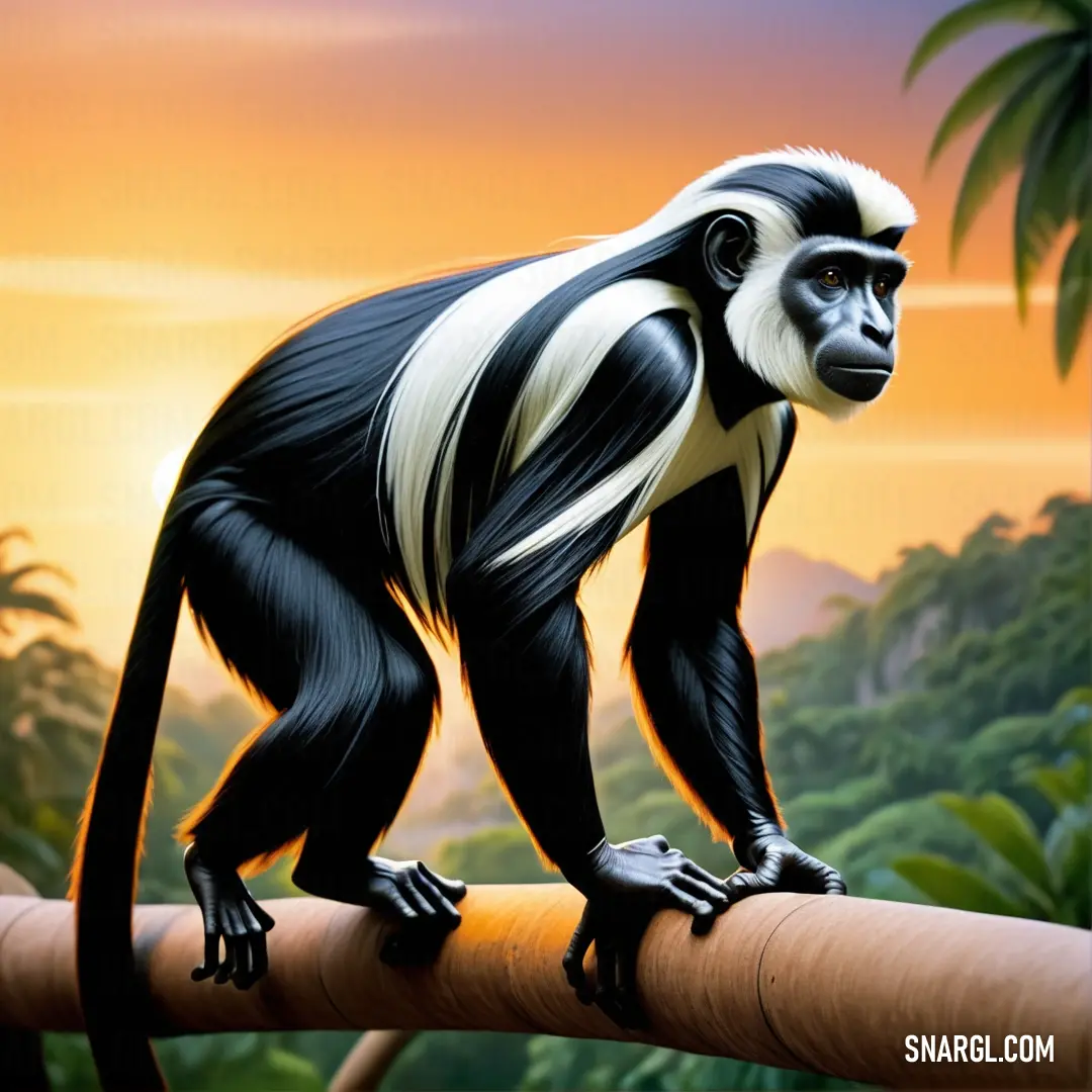 Monkey is standing on a branch in the jungle with a sunset in the background