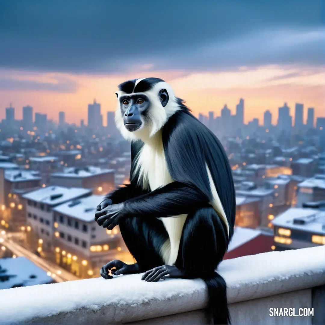 Monkey on a ledge in front of a city skyline at dusk with a cityscape in the background