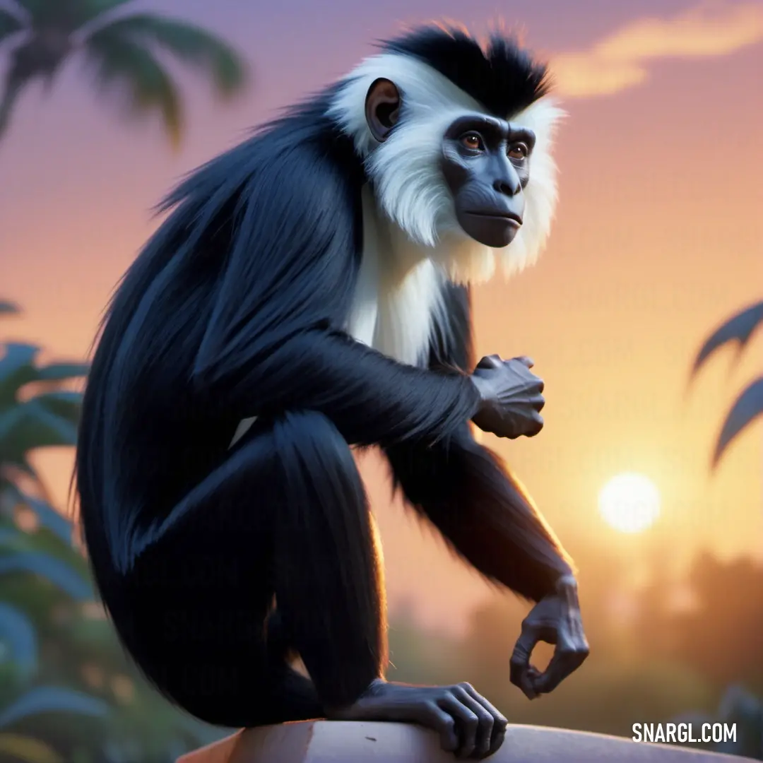 Monkey on a ledge in front of a sunset with palm trees and a sky background