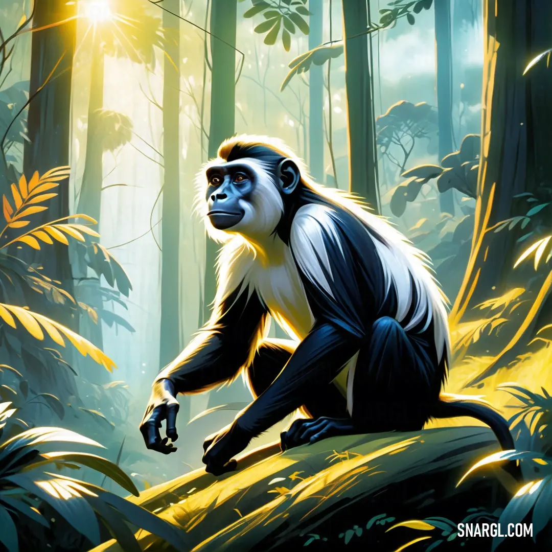Monkey on a rock in a forest with sunlight shining through the trees and leaves on the ground