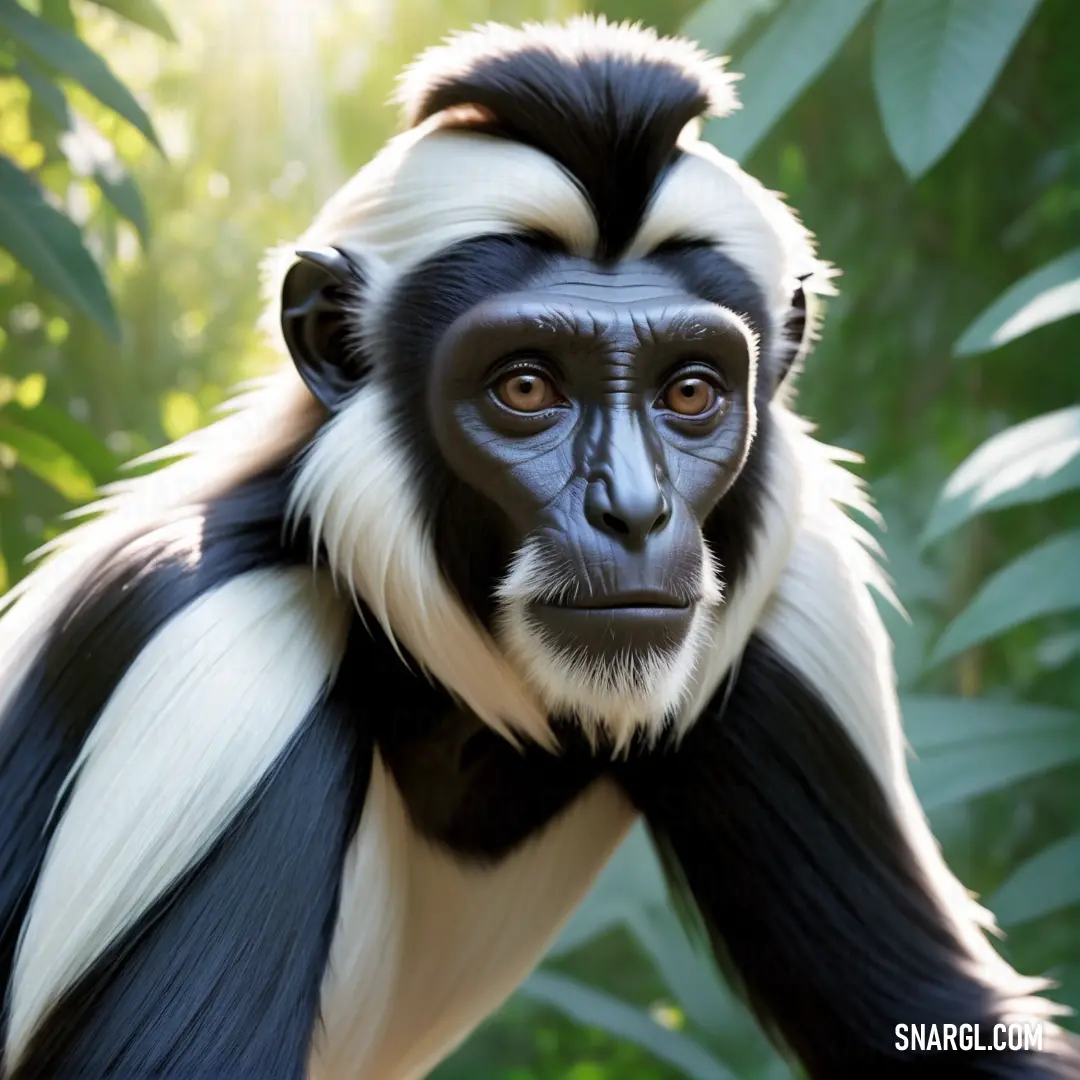 Monkey with a black and white face and long white hair is standing in front of some leaves and looking at the camera