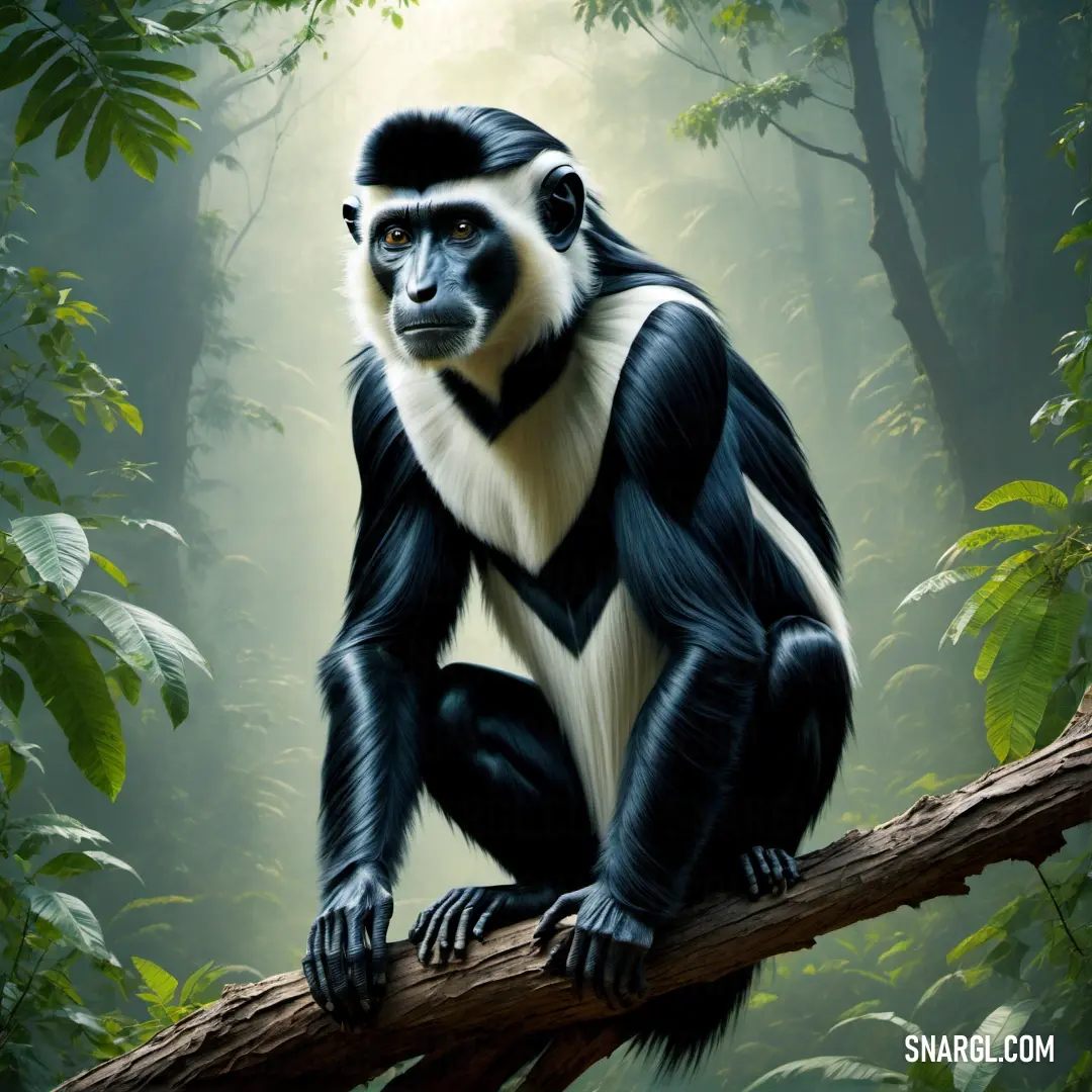 Painting of a monkey on a tree branch in a jungle setting with green foliage and trees in the background
