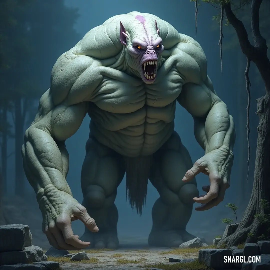 A cheerful giant figure known as the Colossus stands tall with a wide grin, its arms raised in joyful celebration amid a lush green forest, where sunlight filters through the leaves, creating a magical atmosphere.