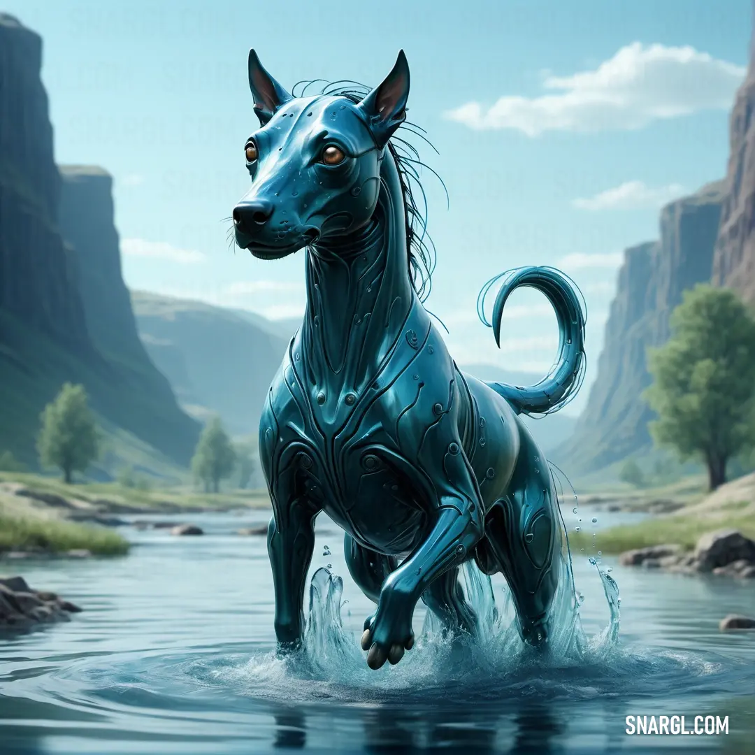 Blue dog is standing in the water near a mountain range and a river with rocks and grass on the bank