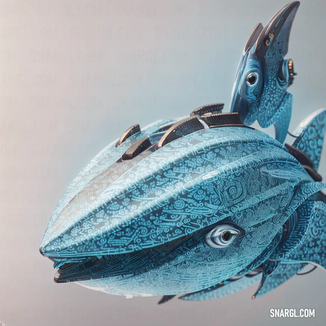 Blue fish sculpture with eyes on it's back and a tail on its head
