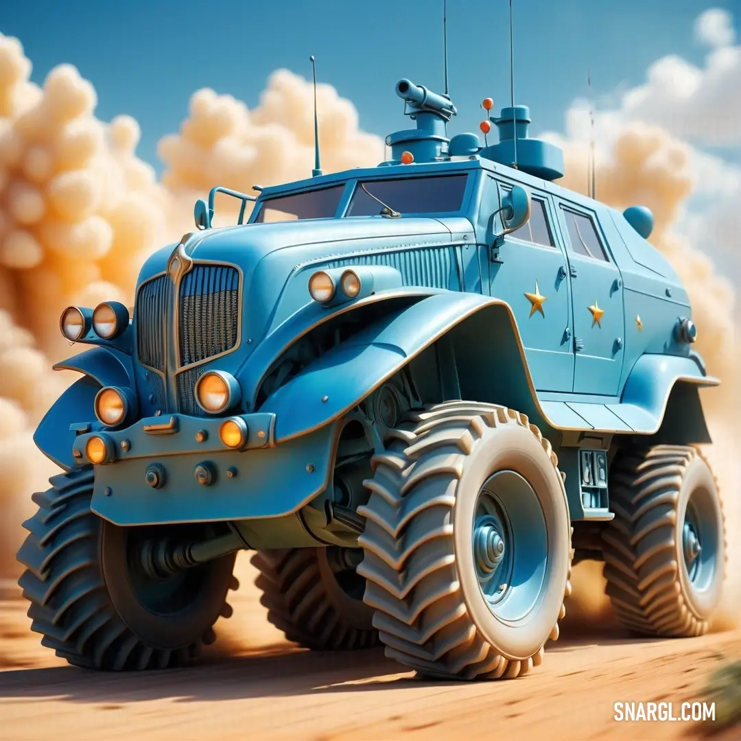 Blue truck with a large tire driving through a desert landscape with clouds in the background. Color Columbia blue.