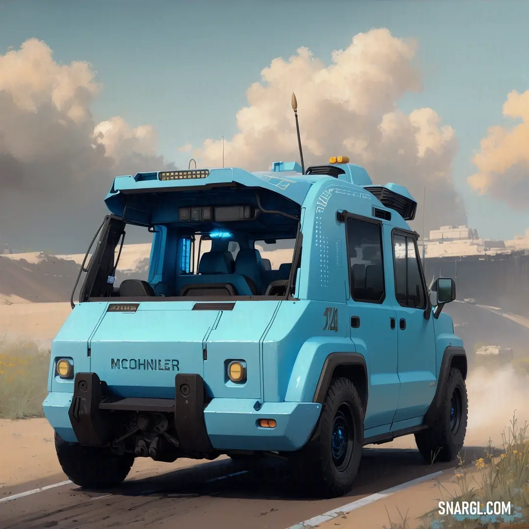 Columbia blue color example: Blue truck driving down a road next to a field of grass and flowers with a sky background