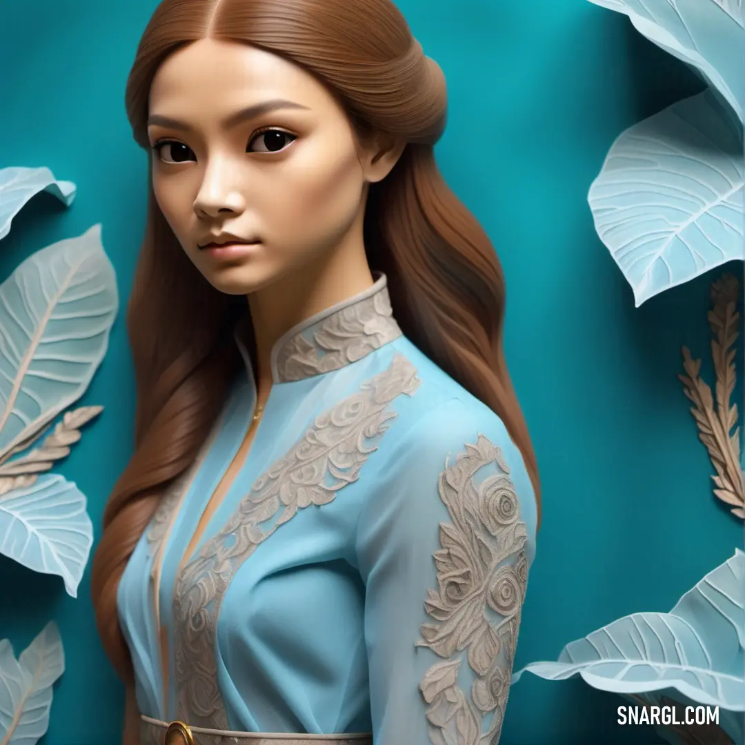 Digital painting of a woman with long hair and a blue dress with a gold belt and a leaf background. Color #9BDDFF.