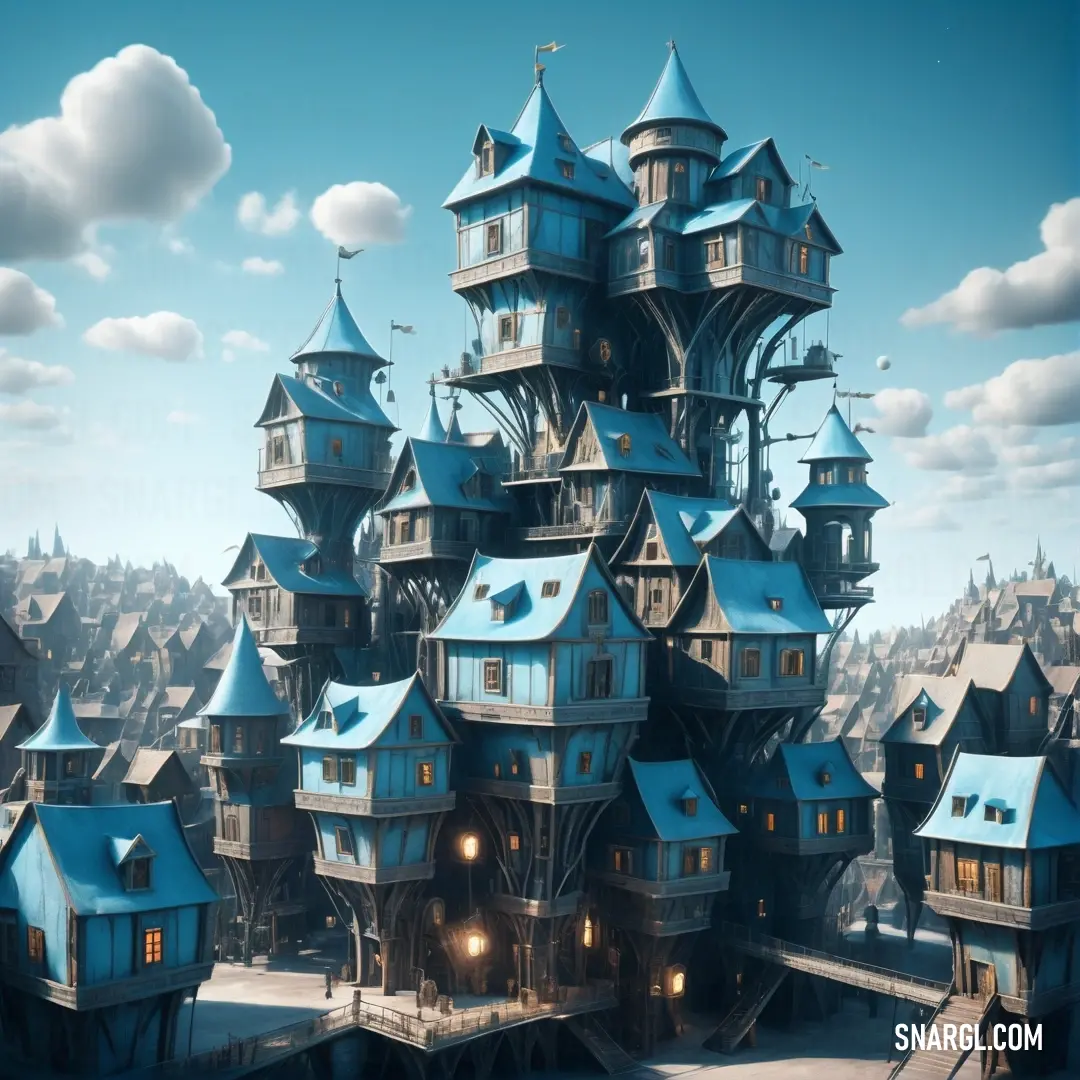 Large blue building with lots of windows and towers on top of it's roof tops in a city. Example of #9BDDFF color.