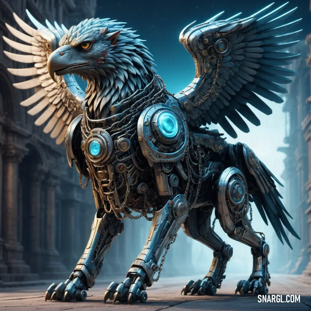 Robot like bird with wings and a large body of metal parts on its body