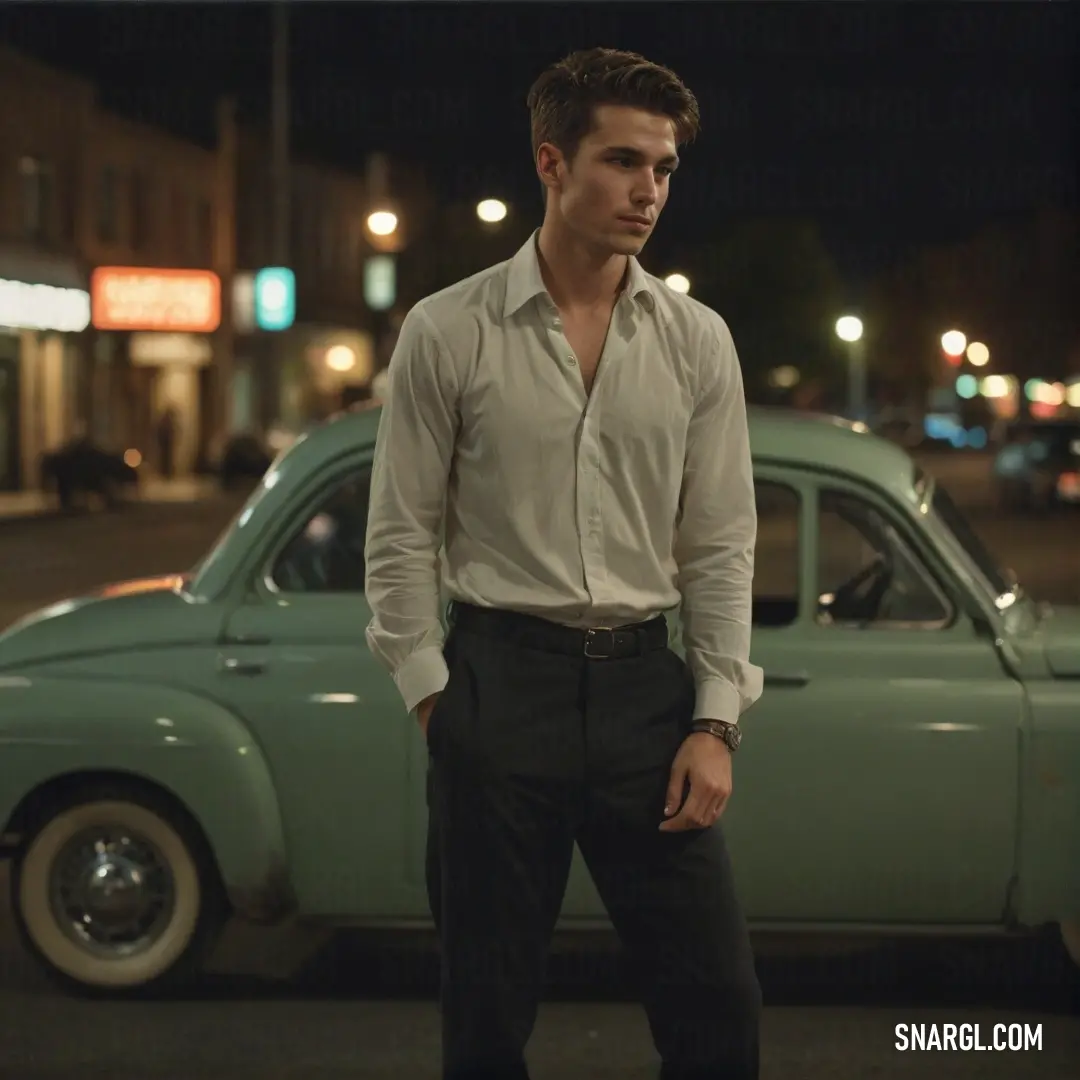 Man standing next to a green car on a street at night with a building in the background