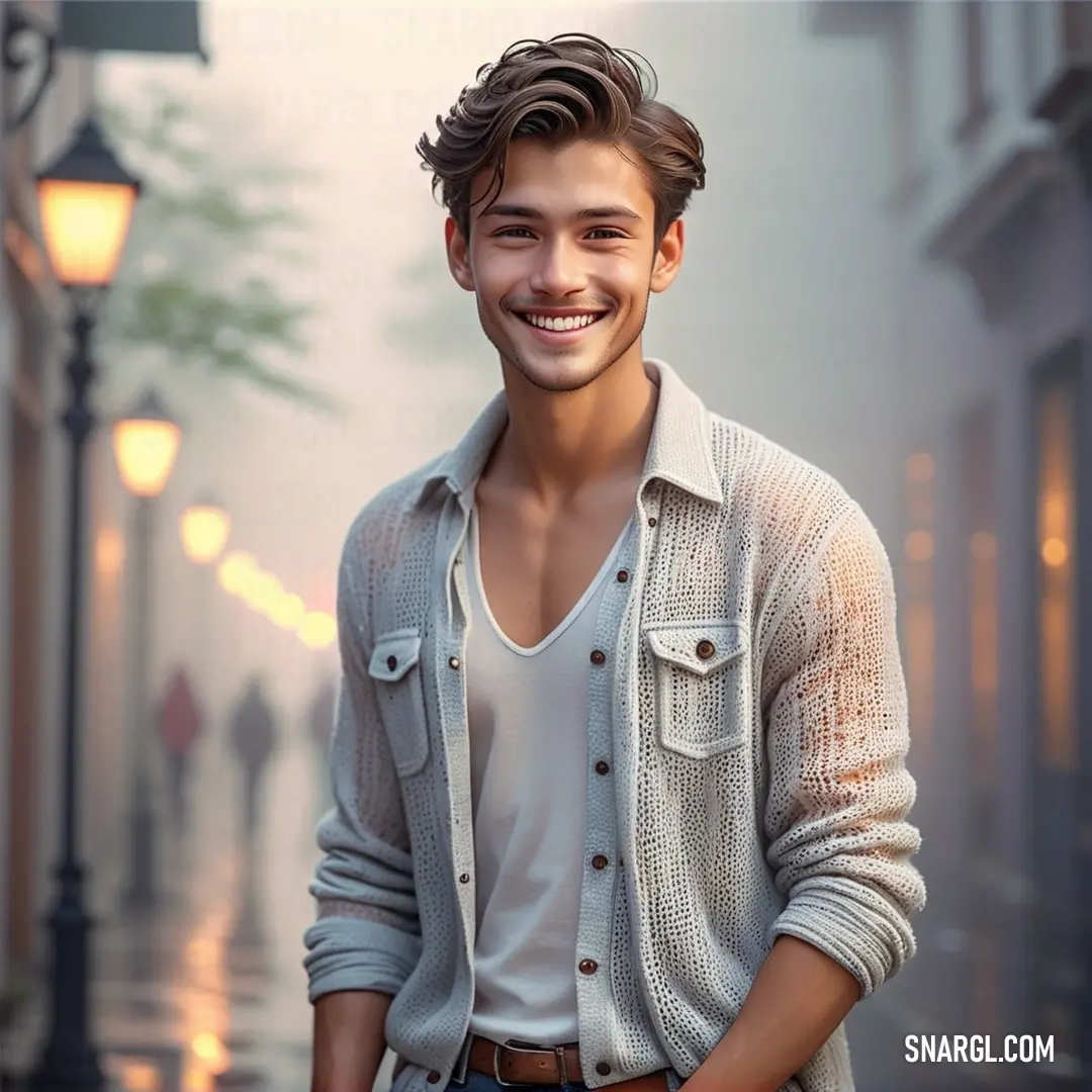 Man standing on a street with a smile on his face and a white shirt on his shirt is smiling