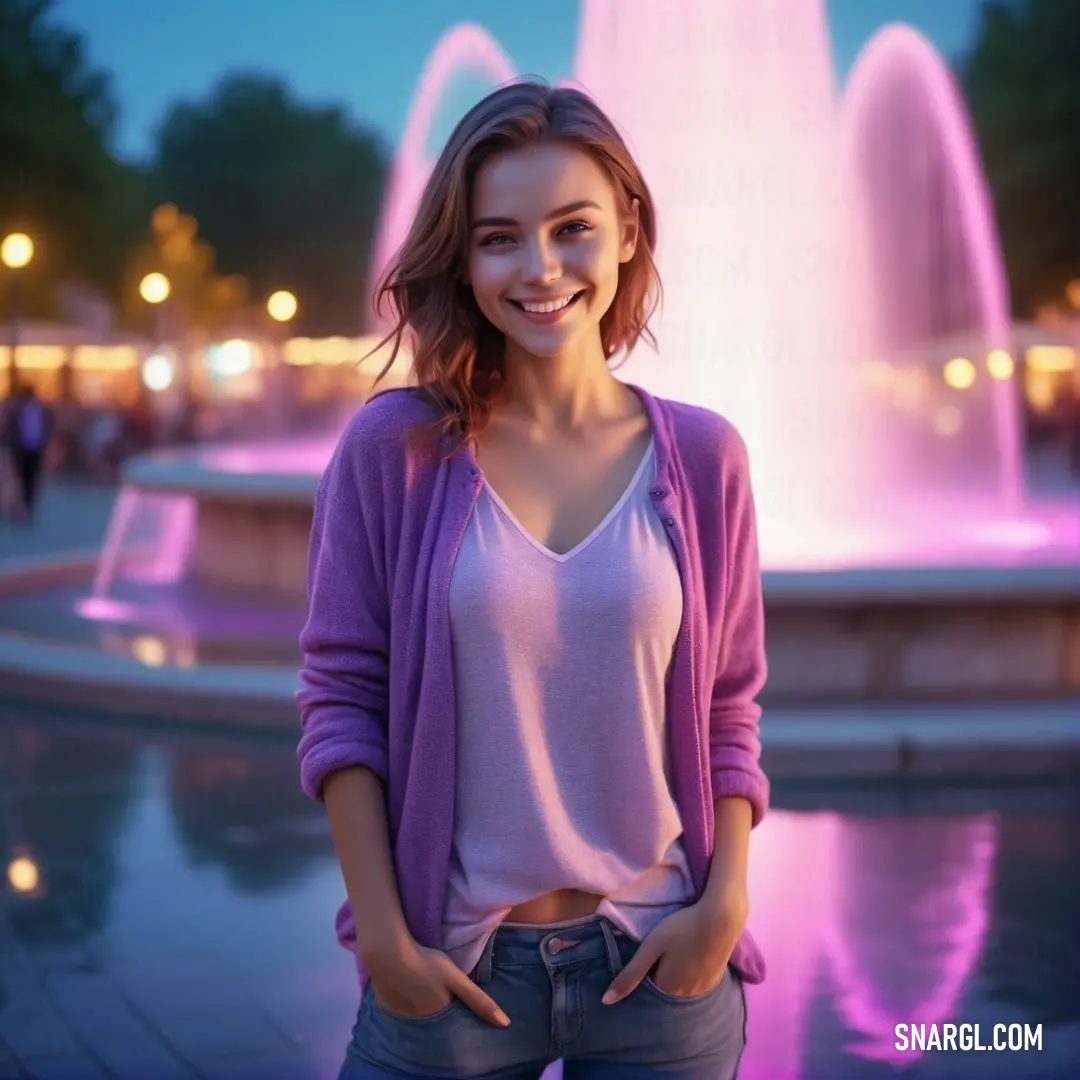 Woman standing in front of a fountain at night with her hands in her pockets and smiling at the camera