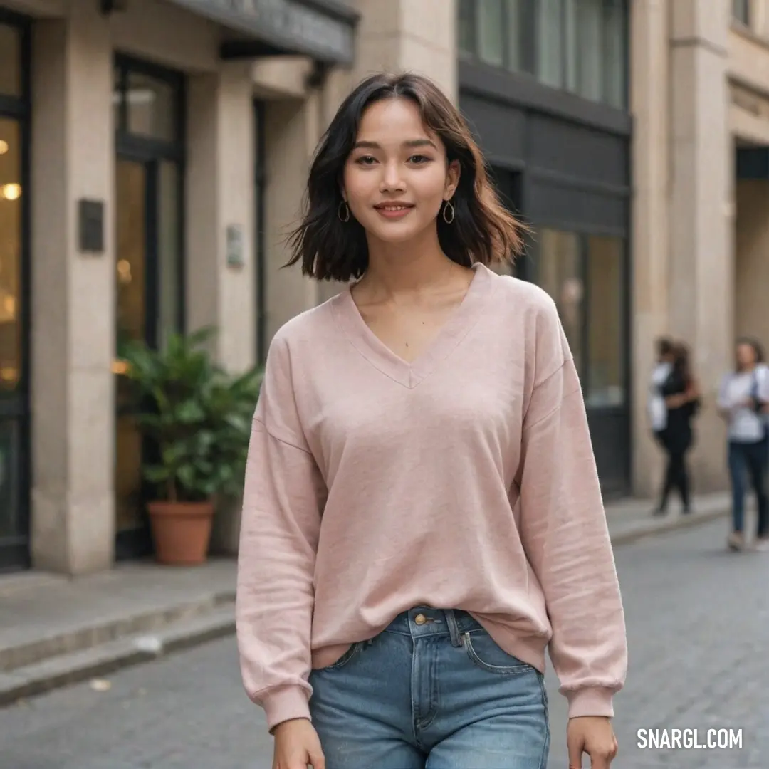 Woman walking down a street with a handbag in her hand and a pink sweater on top of her