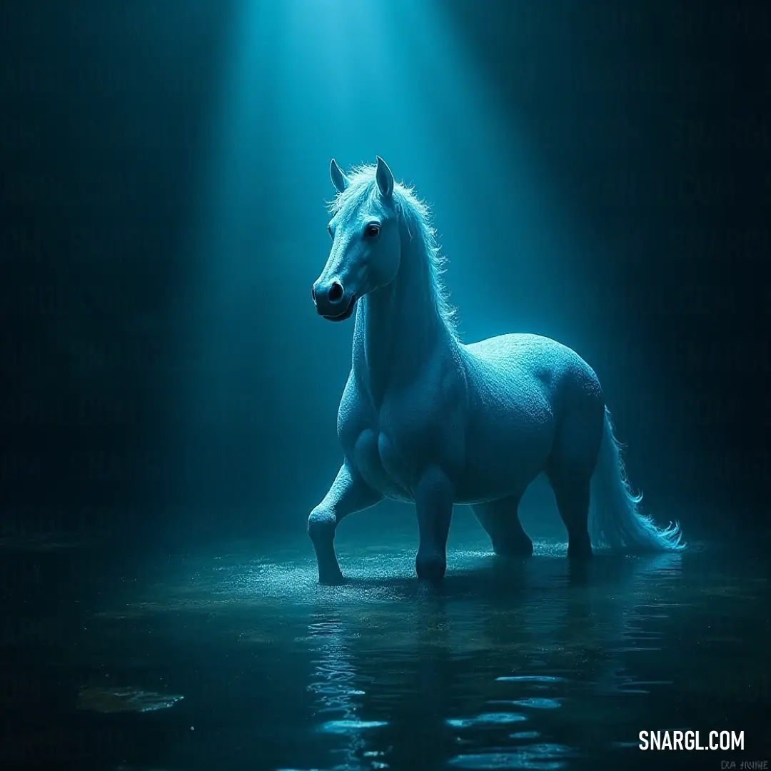 A poised white Conall stands confidently in shimmering waters, showcasing its graceful physique and majestic presence. A proud white Conall stands in glistening waters, its turned head revealing its strong features and unique beauty, perfectly harmonizing with the gentle waves lapping at its body.