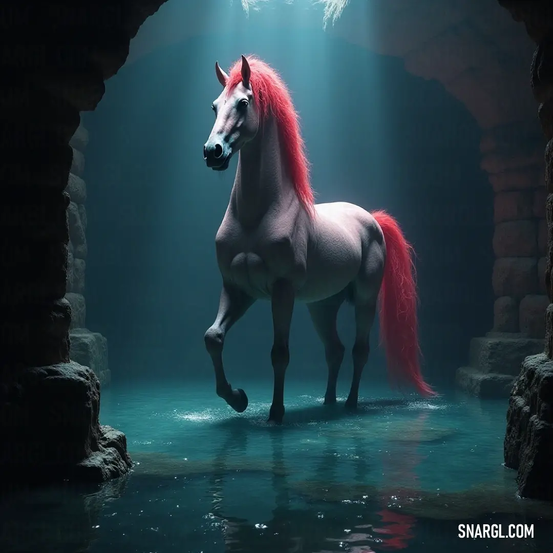 A striking White Conall with a vibrant red mane stands in a cave, illuminated by a radiant light and framed by the fleeting motion of a bird soaring overhead, symbolizing freedom and strength. A regal White Conall adorned with a fiery red mane stands resolute within a cave, illuminated by a soft, ethereal light streaming from behind, while a lone bird gracefully soars through the open sky above, completing this captivating composition.