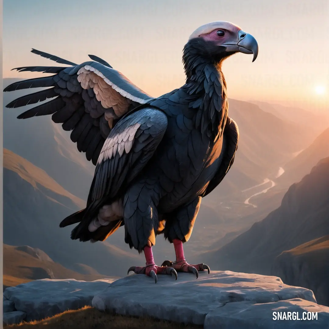 Condor with a large wing standing on a rock in the mountains at sunset with its wings spread out