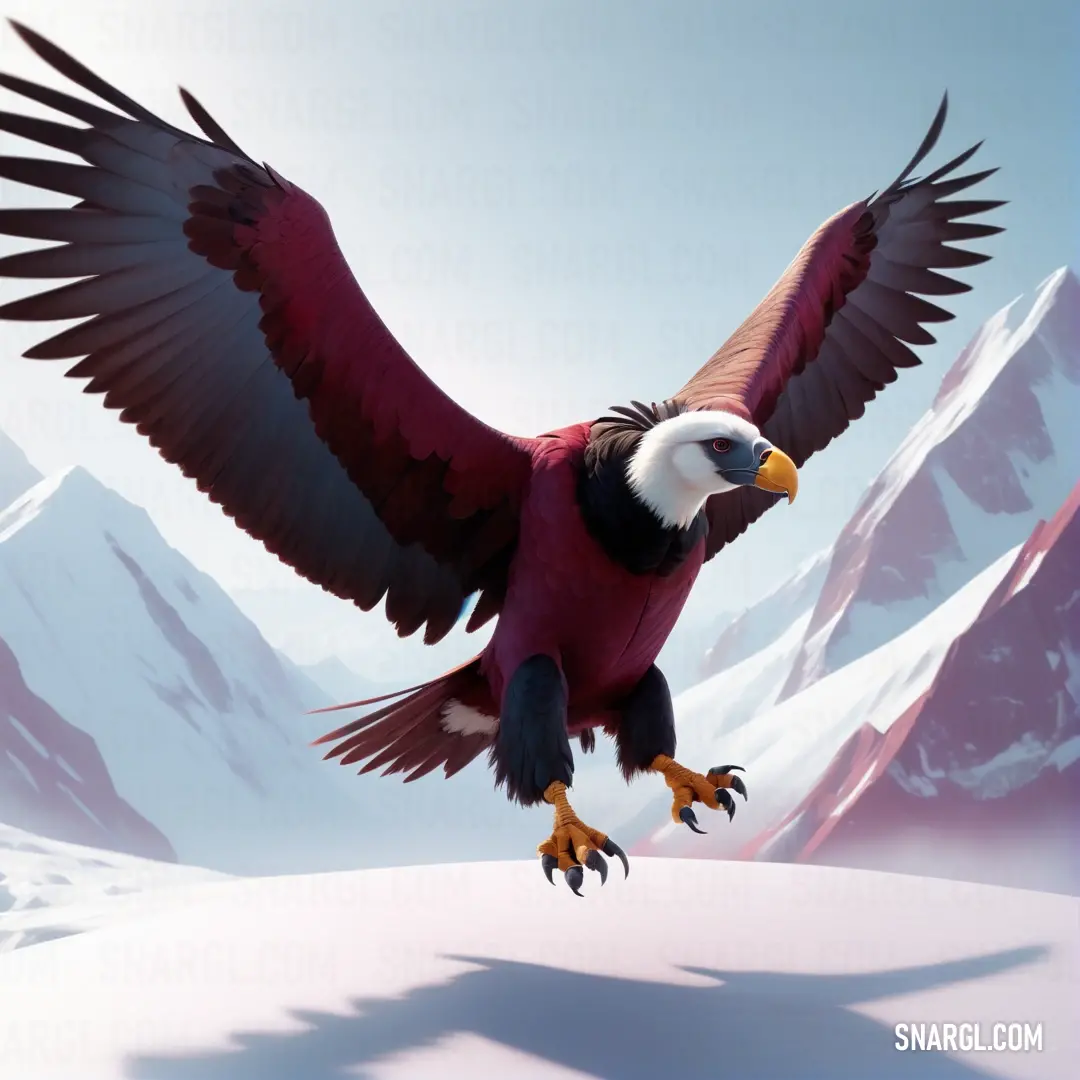 Condor with a large wingspan flying over a mountain range with snow covered mountains in the background