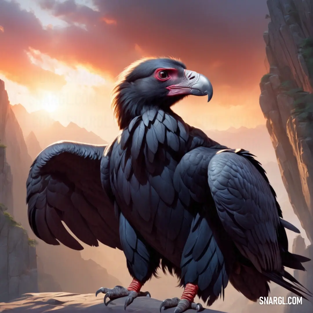 Condor with a red beak standing on a rock in front of a mountain range at sunset with a sky background