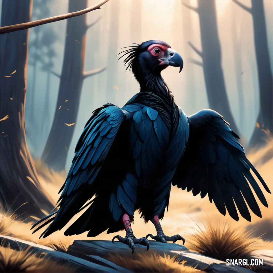 Condor with a red beak standing in a forest with trees and leaves on the ground and a branch in the foreground